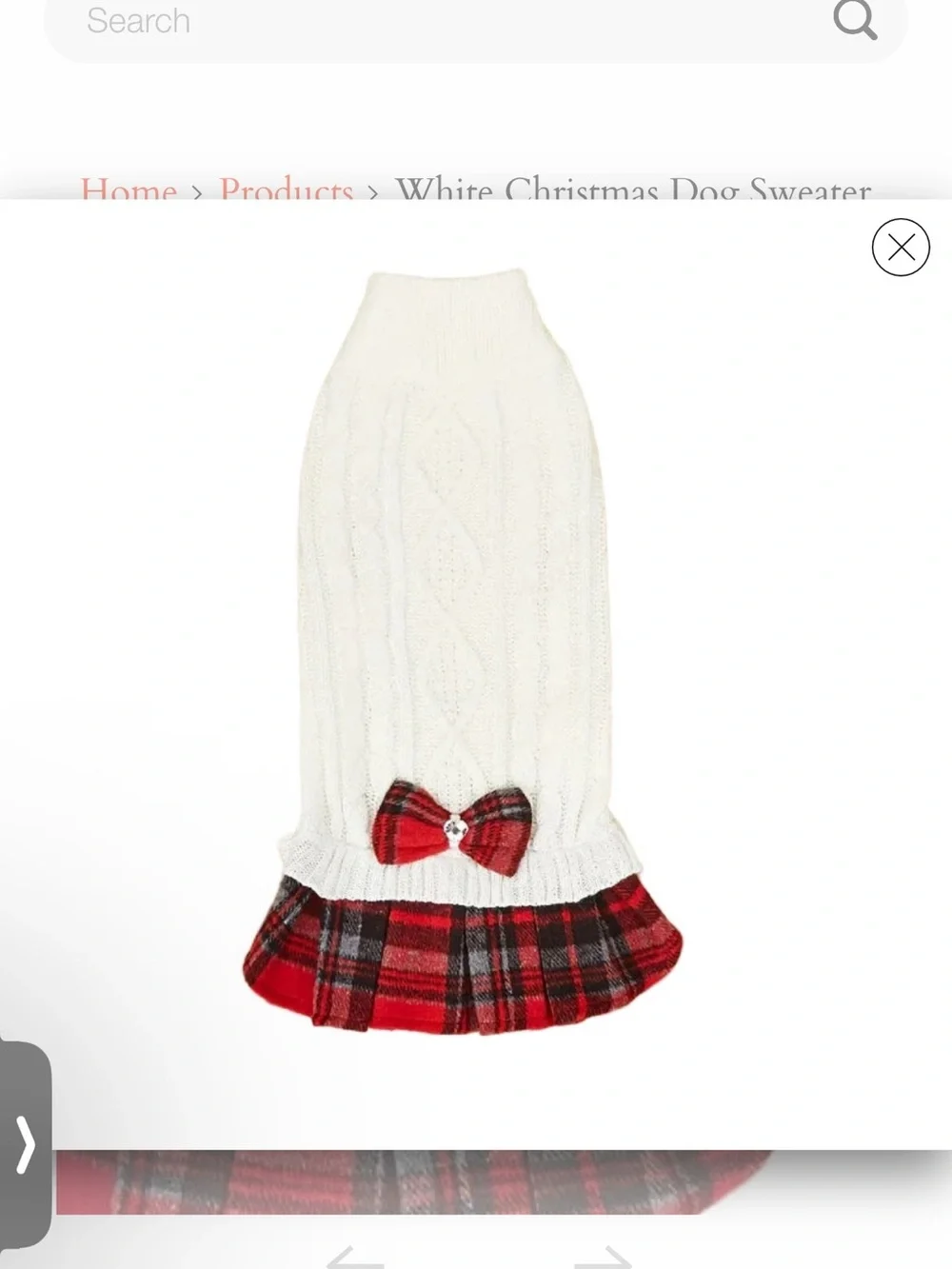 White Cable Knit Dog Sweater Dress with Red Plaid Bow